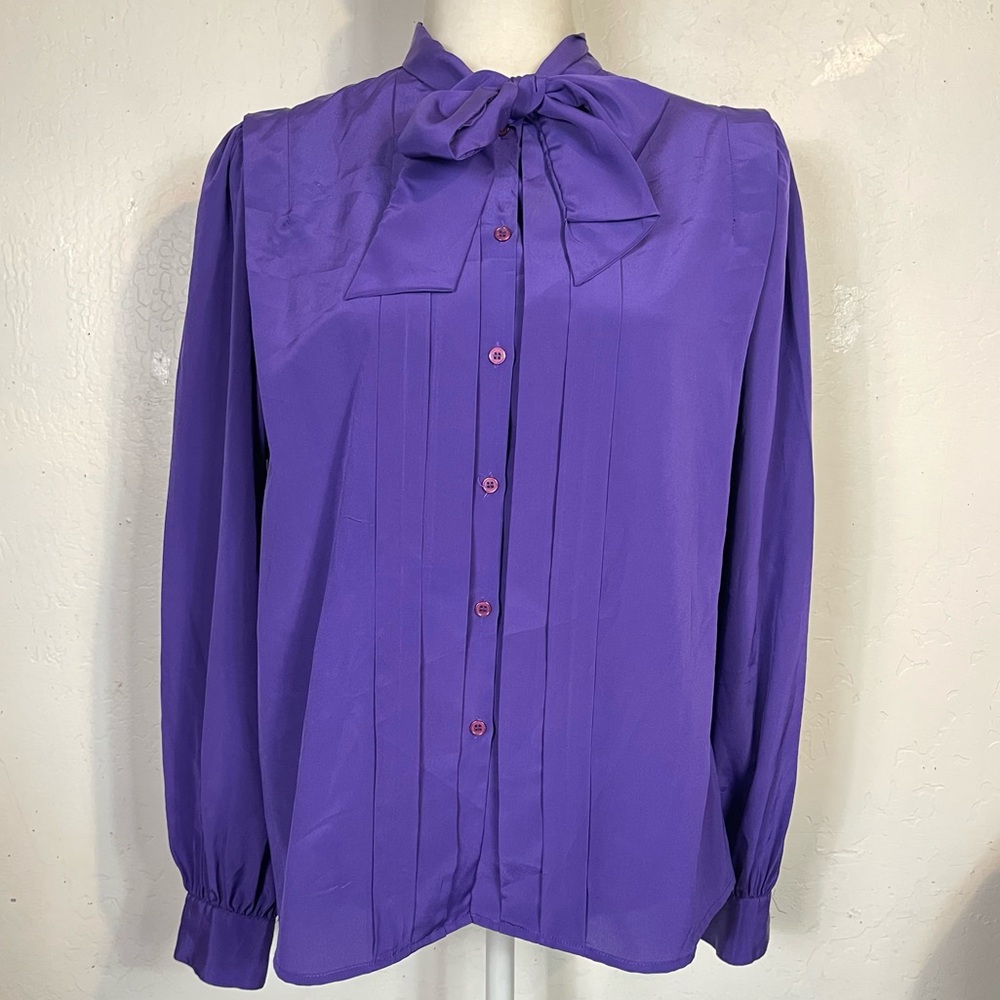 Vintage 70s 80s Women's Roth-Le Cover Purple Bow Tie Neck Blouse Top Button Down